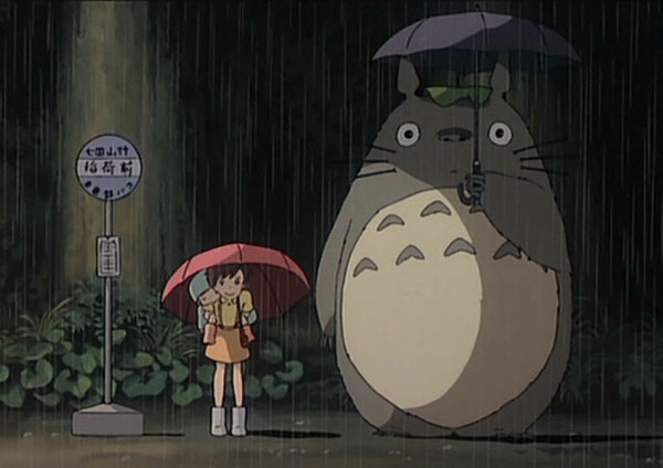 Totoro stuck in the rain with Satsuki and Mei